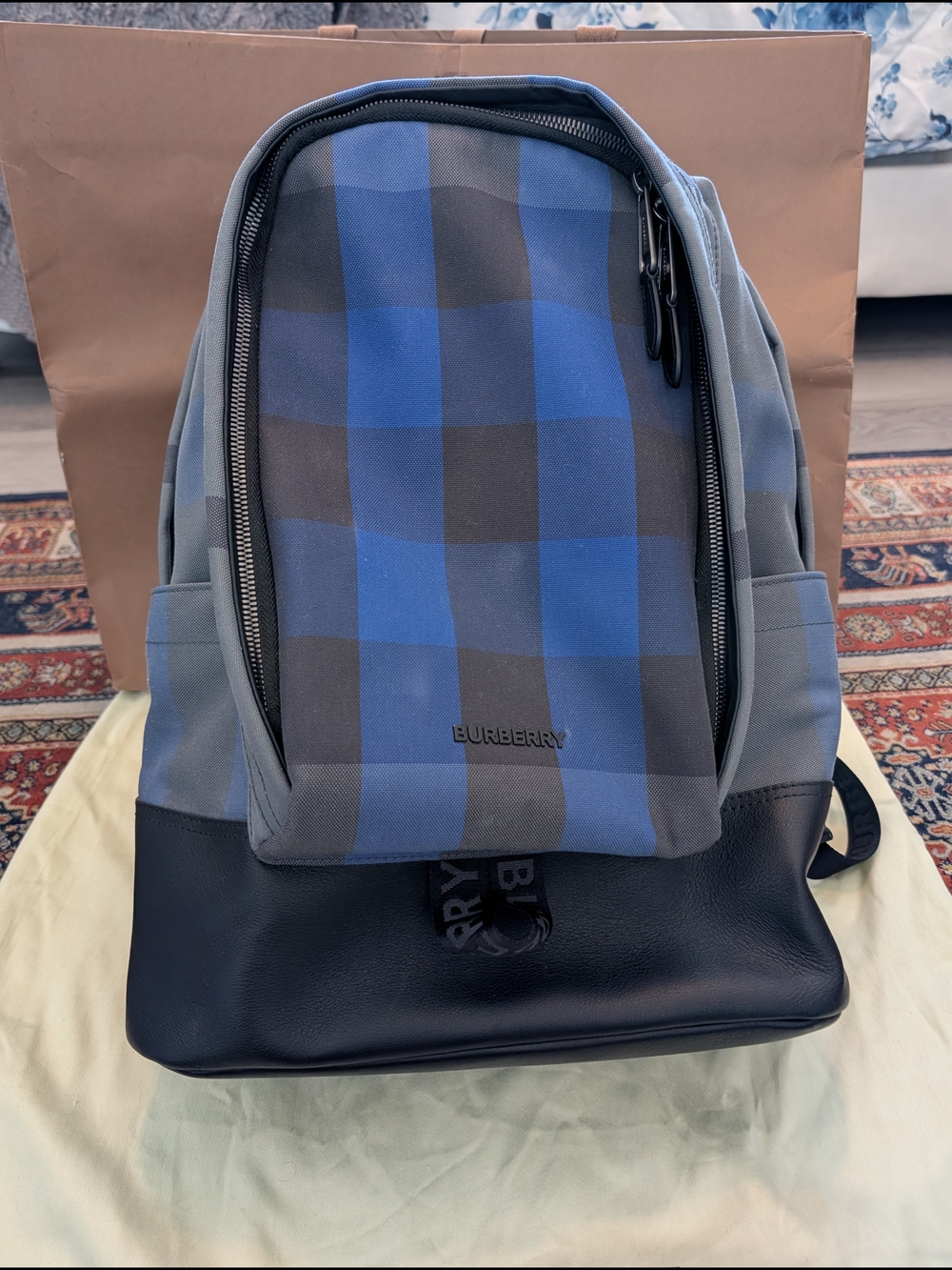 Burberry Blue and Black Check Canvas & Black Leather Backpack